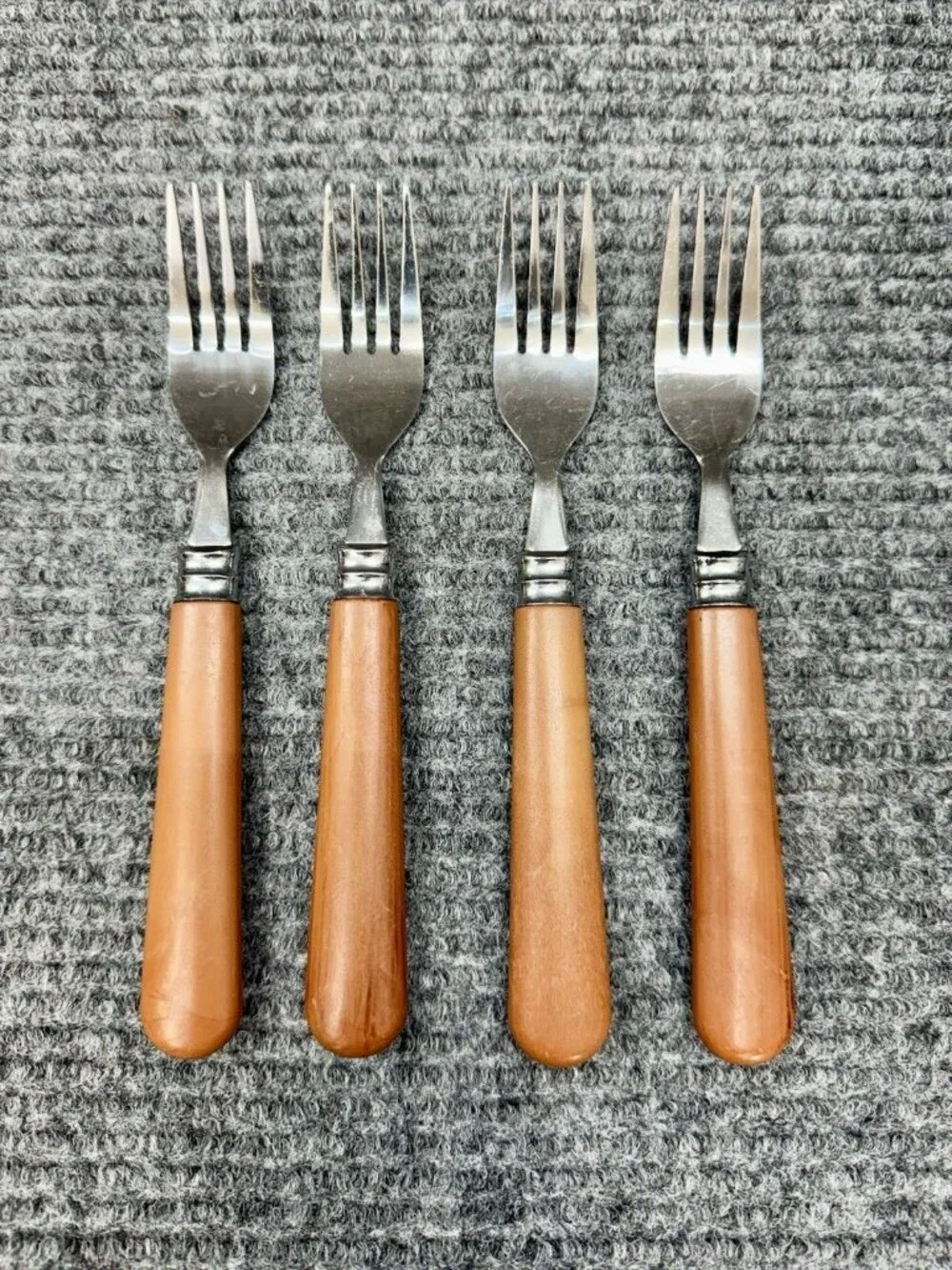 Faberware Silverware Lot Of 4 Table Forks Faux Wood Brown Handle Set Vintage